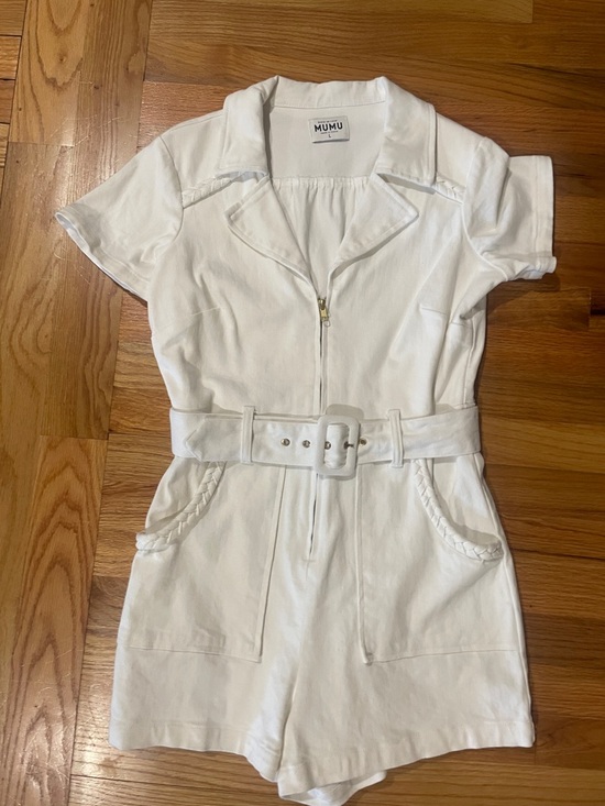 Show Me Your MuMu Pants - Mumu White Short Sleeve Belted denim stretch Romper